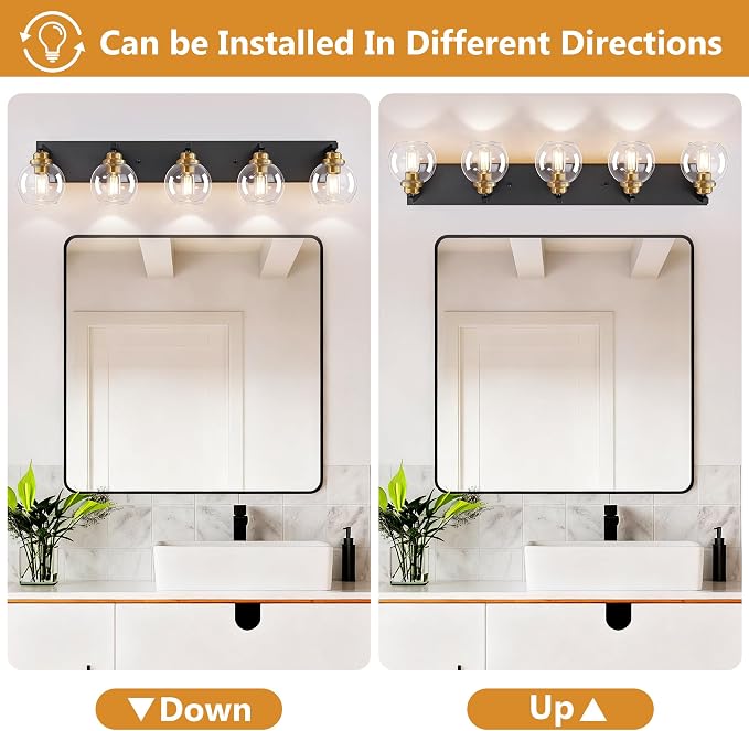 LmnLvn Bathroom Light Fixtures, Farmhouse Black & Gold Metal with Globe | 5-Light Rustic Vanity Lights,Easy To Install, Mounted Over Mirror for Bathroom, Bedroom & Hallway