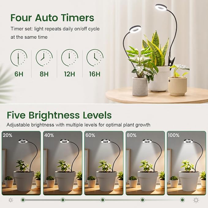 LORDEM Grow Lights for Indoor Plants, 2 in 1 Full Spectrum Plant Light with 360° Gooseneck, 48 LEDs, Auto Timer 6/8/12/16H, 3 Lighting Modes,5 Brightness Levels for Small Plants, 2Pack Black
