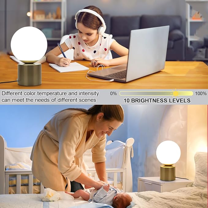 Modern Small Table Lamps,Opal Glass Bedside Table Lamp Gold | LED Dimmable with 3 Colors Desk Lamp,Gold Bedside Desk Lamp for Bedroom Living Room Nightstand Simple Design Small Lamp