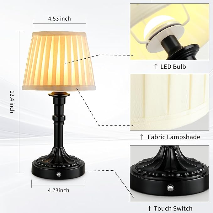 Mr.White Set of 2 Rechargeable Cordless Table Lamp with Fabric Shade, 5200mAh Battery Operated LED Table Light, for Restaurant Kitchen Patio Dinner Dining (Black)