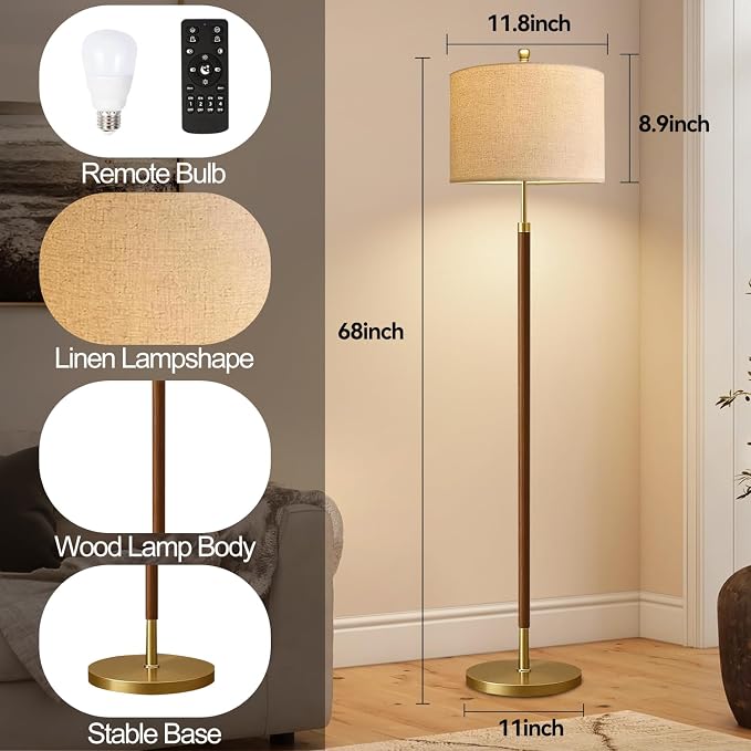 Wood Floor Lamps for Living Room Farmhouse Floor Lamp with Remote Control,Dimmable Vintage Floor Lamp Mid Century Modern Standing Lamp with 3 Color Temperature Tall Floor Lamps For Bedroom Corner
