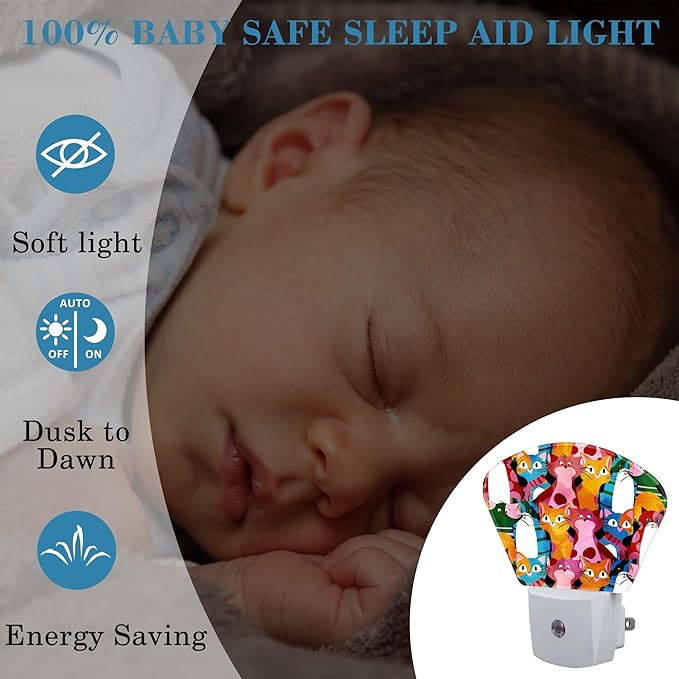 Watercolor Colorful Comic Cat Night Light for Kids Girls Boys, Cute Cat LED Night Light Plug into Wall with Dusk to Dawn Sensor for Bedroom, Hallway, Kitchen, Bathroom, Stairs Decor