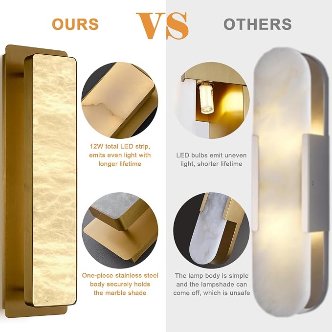 19.7" Brass Alabaster Wall Sconces, Natural Wall Sconce Set of Two, Gold Marble Sconce, Large Rectangular Bedside Wall Lamp Perfect for Hallway, Living Room, Stairs, Dining Room, Bedroom