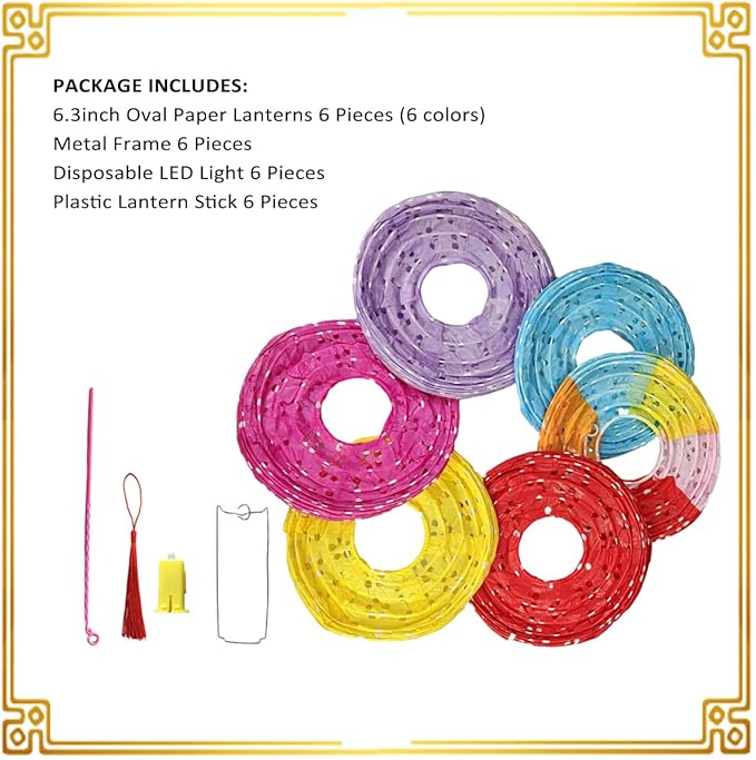 6Pcs Paper Lanterns Chinese Japanese Colorful Hanging Paper Lanterns with LED Lights 8inch Oval Decorative Asian Lanterns Lamps with Tassel Stick for Wedding Birthday Festival Party Decorations
