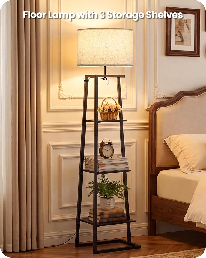 Floor Lamp with 3-Tier Storage Shelves, Standing Floor Lamp with Pull Chain Switch, Industrial Shelf Floor Lamp for Living Room, Bedroom, Office,Bulb Not Included, Black and Beige BE34LD05