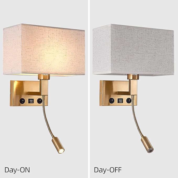 Bedroom Wall Sconces, Hardwired Wall Lamp with USB and Reading Lamp Fabric Shade Bedside Wall Lights with Reading Lamp for Bedroom Living Room Hotels Corridors (Brass)