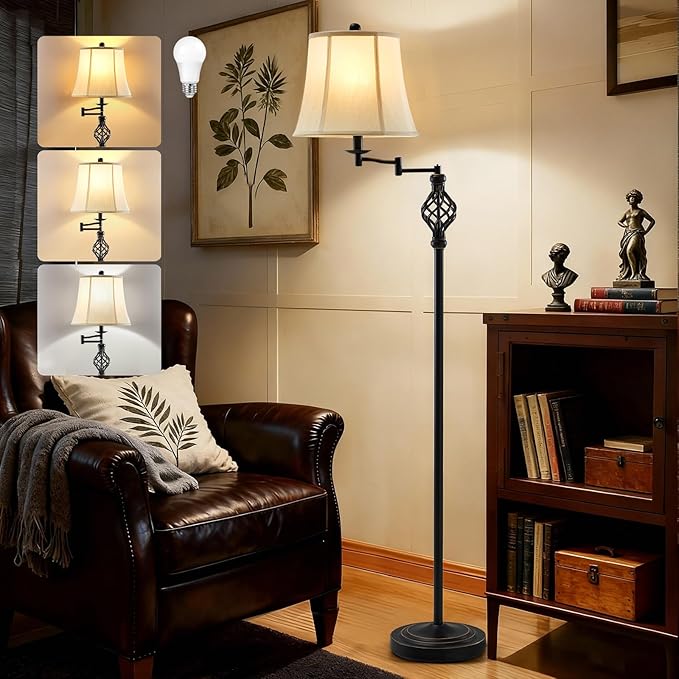GyroVu Color Temperature Adjustable Floor lamp, Traditional 350° Adjustable Swing Arm Floor Lamp Vintage Pole lamp Farmhouse Lamp for Living Rooms & Offices, Rustic Standing Lamp for Bedroom Reading