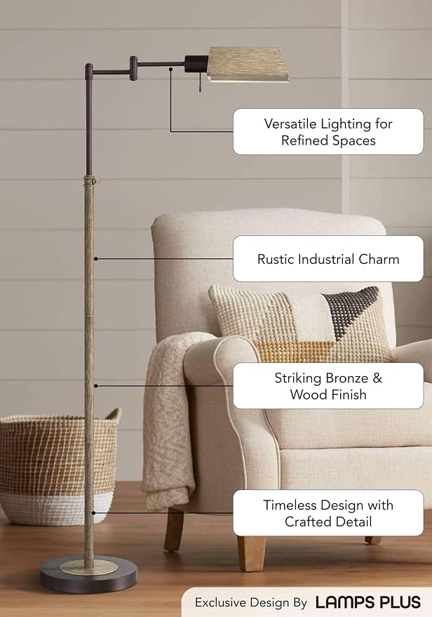 Jenson Bronze and Faux Wood Adjustable Swing Arm 54" Tall Floor Lamp | Rustic Farmhouse Industrial Pharmacy Standing Height Task Lighting for Cottage Core Living Room Reading House Bedroom