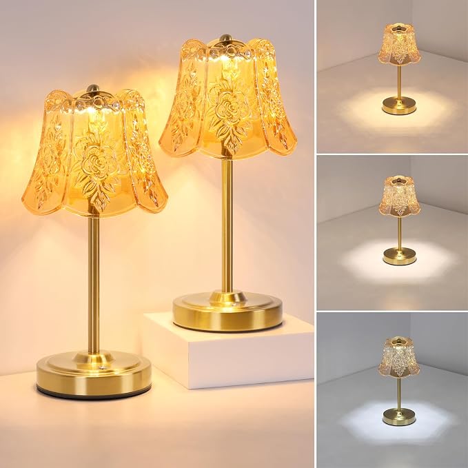 Shenmoyl Set of 2 Cordless Touch Table Lamp with 5200mAh Battery - 3 Adjustable Color Temperatures & Dimmable, Rechargeable Lamp for Bedsides, Living Room, Entryway, Bookshelves (Amber Rose)