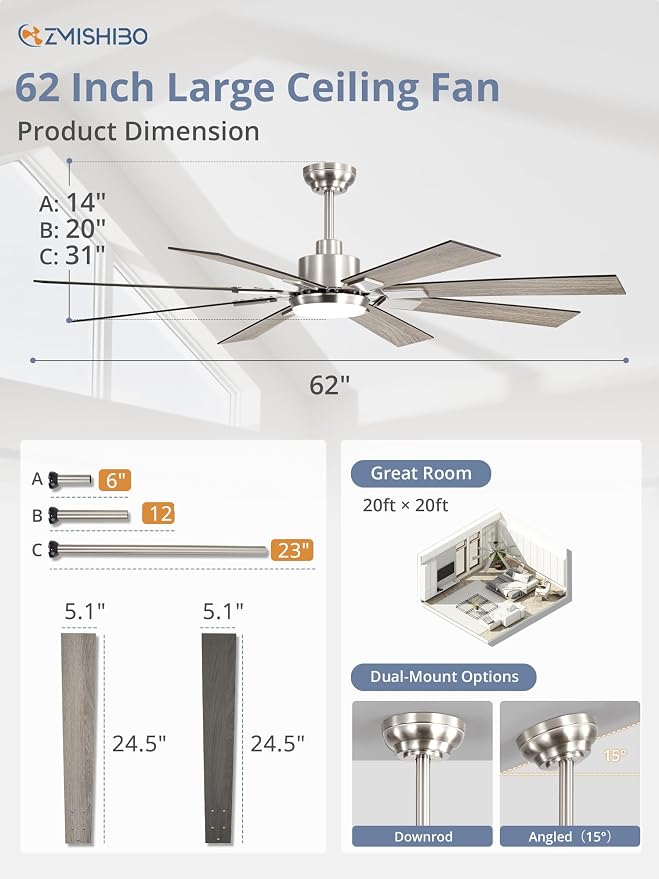 ZMISHIBO 62” Modern Ceiling Fan with Light, Remote Control, Brushed Nickel | High CFM Powerful Airflow, Quiet DC Motor, 24W 3 CCT LED, Indoor/Covered Outdoor, Dual-Finish, Damp Rated
