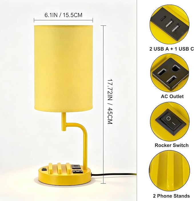Dreamholder 2 Pack Table Lamp, Bedside Lamp with 3 USB Charging Ports & AC Outlet, USB Desk Lamp with 2 Phone Holders, Linen Fabric Shade Nightstand Lamps for Bedroom Living Room Office, Yellow