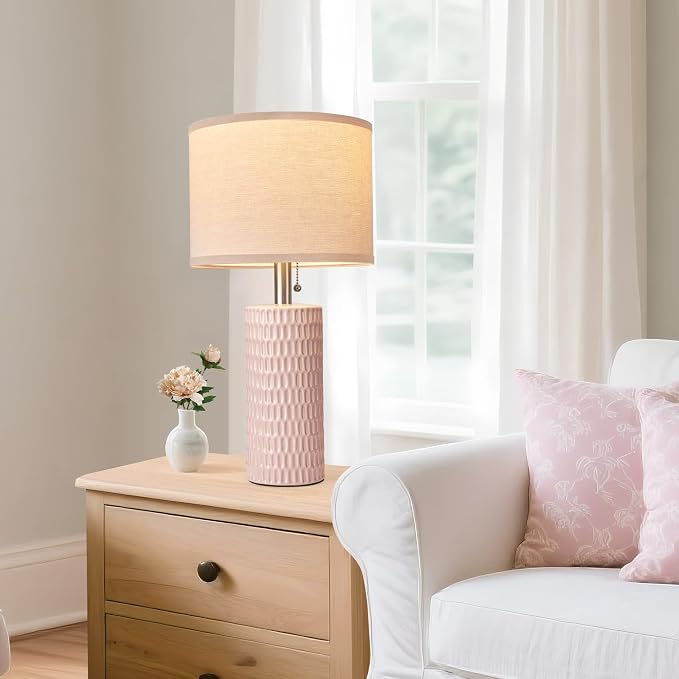 Reaketon 20.5" Modern Ceramic Table Lamps for Bedroom Set of 2, Bedside Lamps for Night Stands with Beige Lampshade, Farmhouse Table Lamp for Living Room Office Dorm, Pink