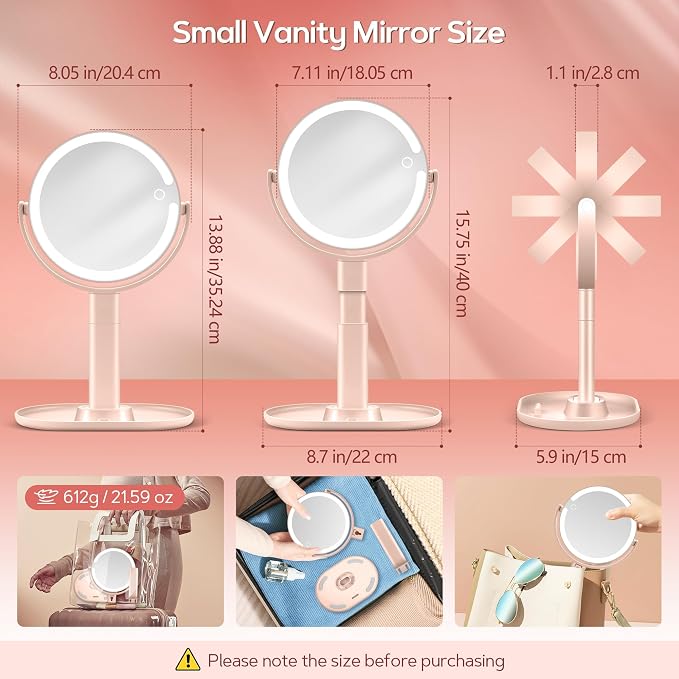 Makeup Mirror with Lights, Lighted Magnifying Mirror 30X with 3 Lighting and Adjustable Brightness, 2-Sided Height Adjustable Vanity Mirror for Bathroom, Gifts for Women Pink