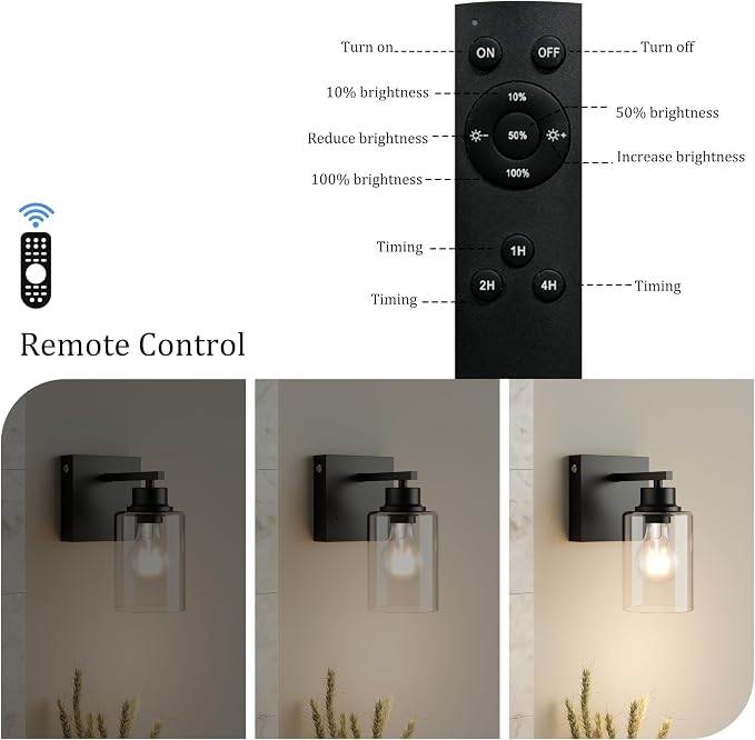 Rayogale Battery Operated Wall Sconces Set of 2 with Remote Control, Black | Dimmable Wireless Rechargeable Wall Lights with Timer, Easy Install Clear Glass Lamp for Living Room Bedroom, Emergency 3000K