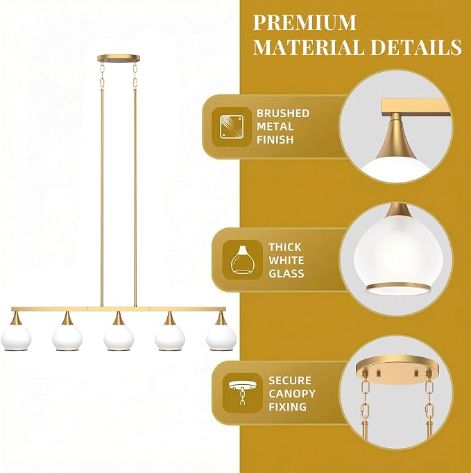 Kitchen Island Linear Pendant Light, 5-Light Gold Dining Room Chandelier with White Glass Globe Shades, Modern Linear Lighting Fixture Over Table
