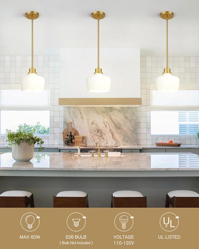 Emak 1-Light Painted Gold Pendant Light with Milk Glass Shade, PL122-GD-ML | 8-inch Milk Glass Shade for Soft Light; Vintage Bell-Shaped, 42-inch Adjustable Rods. For Kitchen & Dining rooms. UL Listed.