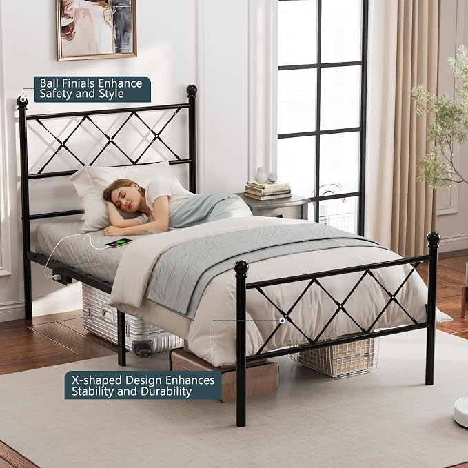 VINGLI Twin Bed Frame with LED Lights & Charging Station, Metal Platform Bed Frame with Headboard, USB Ports, Under Bed Storage, Noise Free, No Box Spring Needed, Easy Assembly, Black
