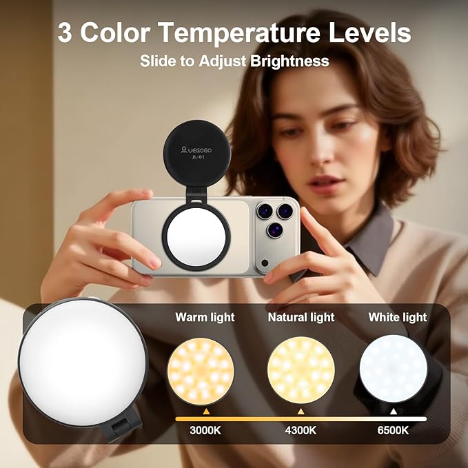 UEGOGO Magnetic Selfie Light with Mirror for iPhone, MagSafe Compatible LED Fill Light, CRI≥95, Foldable LED Phone Ring Light for Makeup, Photography, Video Calls & Vlogging