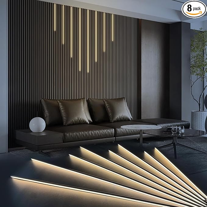 HAMRVL Black LED Recessed Lighting Kit - 8 PCS 3000K Warm White LED Strip Lights with Touch Control, Dimmable Self-Adhesive Wall Panel Lights for Wood Slat Wall Panels, Under Cabinet (Black Cover)