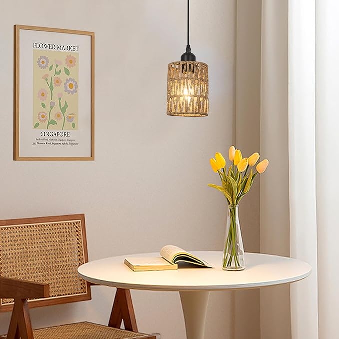 1-Light Rattan Pendant Lights, Boho Farmhouse Pendant Lighting with 4.7×5.9in Hand Woven Shade, Small Wicker Light Fixture Ceiling Hanging for Dining Room Kitchen, Height Adjustable up to 61in