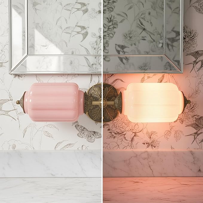 Vintage Vanity Light - 2-Light Wall Sconce with Brass Finish Base & Green Glass Shade - Wall Sconce Lighting for Mirror, Kitchen, Living Room, Gallery (Bulbs Included) (Pink)