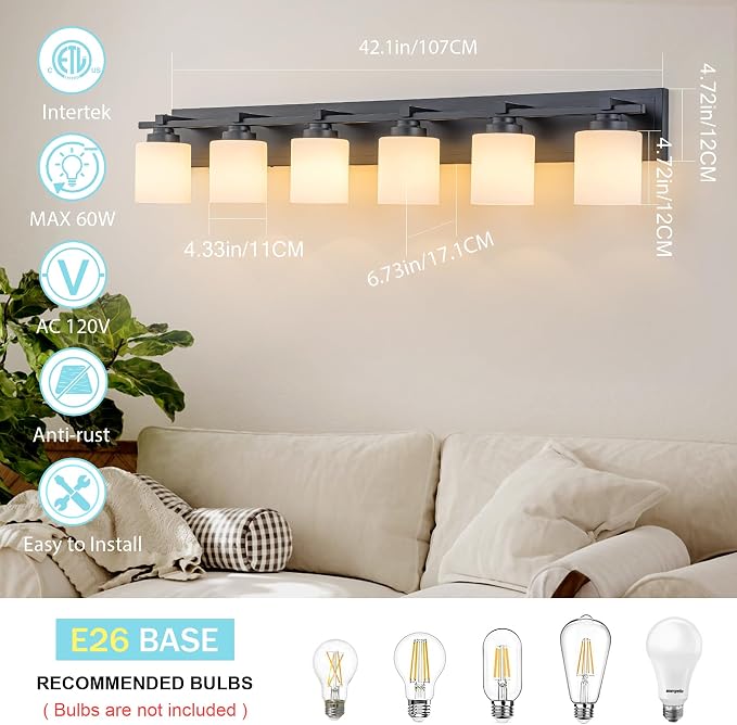 Modern Bathroom Light Fixtures Over Mirror, Vanity Lights for Bathroom Wall Sconces with Milky White Glass Shades, E26 Socket (Bulbs Not Included), 6 Light, Black