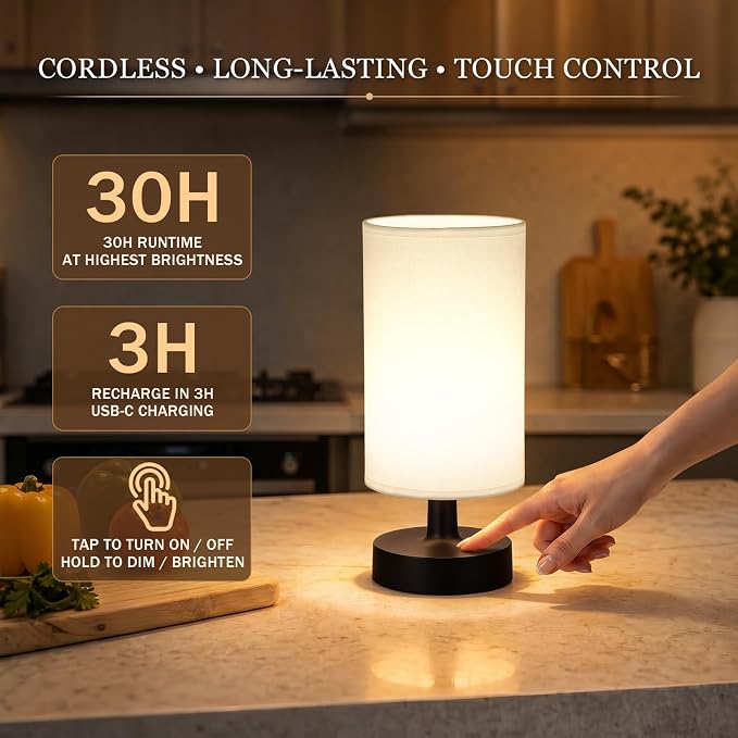 Kakanuo Cordless Table Lamp Rechargeable Small - 1 Pack White Black, 4000mAh Battery Operated Lamp with Touch Control Stepless Dimming, Wireless Lamp for Bedside, Nightstand, Bedroom, Living Room
