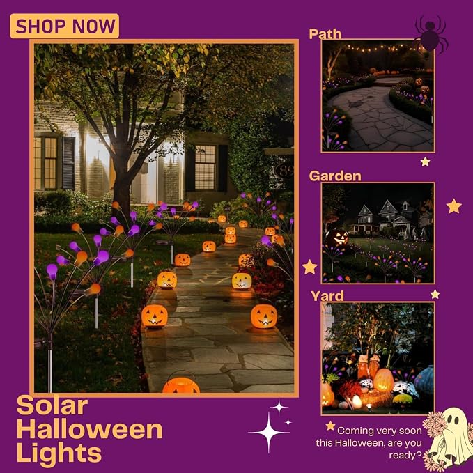 OZS 6 Pack Solar Halloween Lights Outdoor, 48 LED Purple Orange Firefly | Waterproof IP65, Swaying Effect, 2 Modes, for Garden Pathway Patio Yard Lawn Decor, Halloween Decorations