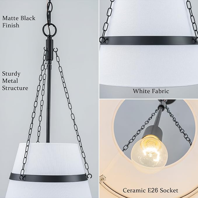 11.4" Black Drum Pendant Light for Kitchen Island, White Linen Fabric Shade | Modern Transitional, Cone Shape, 3 Side Chains, 1-Light, Breakfast Nook, Reading Corner, Adjustable Height 11.42"W x 23.82"H