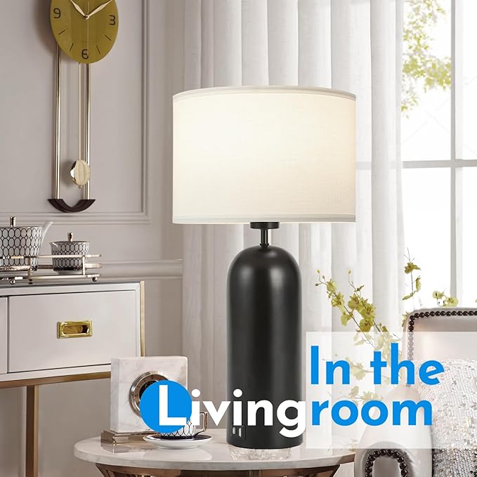 22-inch Tall Table Lamps - Set of 2 Black & White Touch Control 3-Way Dimmable Lamps with USB A+C Ports for Bedroom or Living Room