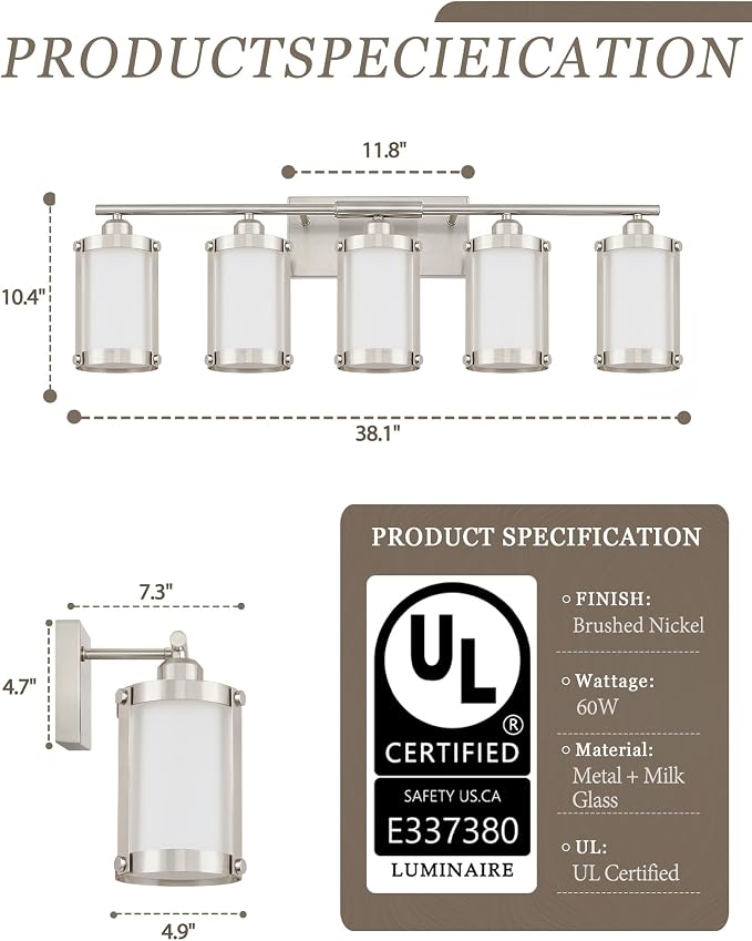 5-Light Brushed Nickel Bathroom Light Fixtures Over Mirror with Frosted Milk Glass and Metal Cage Shade, 38" UL-Listed Modern Farmhouse Wall Sconce for Bath, Hardwire E26, OS-3014BNW-5W