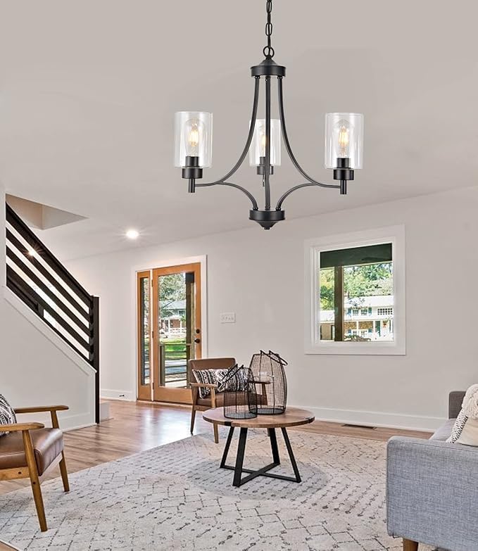 BOZO 3 Lights Black Chandeliers for Dining Room Light Fixture Over Table, Entryway Chandelier for Foyer, Hallway Lighting Fixtures with Glass Shade for Dining Room Kitchen Island Foyer Hallway