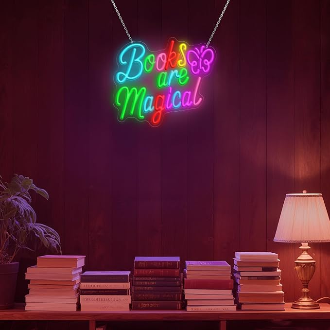 Books Are Magical Neon Sign, Neon Signs for Wall Decor, Dimmable Led Signs for Bedroom, Light Up Signs for Classroom Reading Room Book Party Library Decoration Decor 14.57 x 12.6 inch