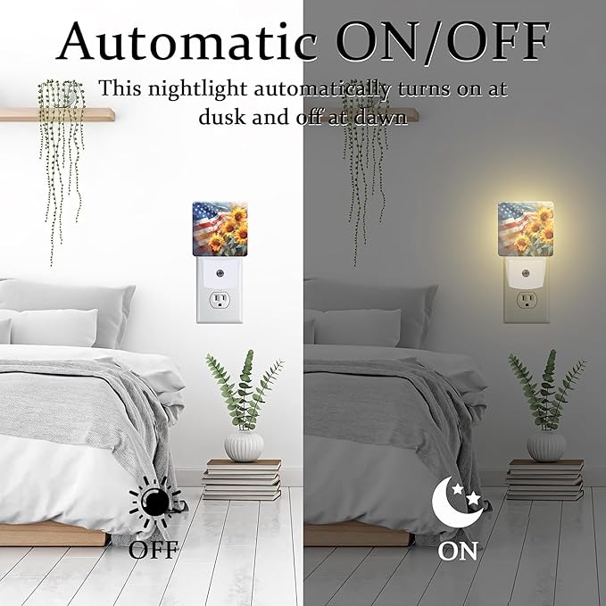 American Flag with Sunflowers Night Light Plug into Wall,Watercolor USA Flag Patriotic Dusk to Dawn Night Light Plug in,0.5w Energy Saving Sleep Friendly NightLight for Kids Boys Girls Home Decor