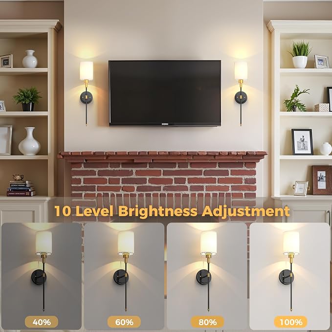 Battery Operated Wall Sconce: Set of 2 Wireless Wall Lights with 12000mAh | 15 Color Rechargeable Wall Sconces, Not Harwired Sconce Wall Decor Set of 2 for Bedroom, Living Room, Gold and Black 24.3in