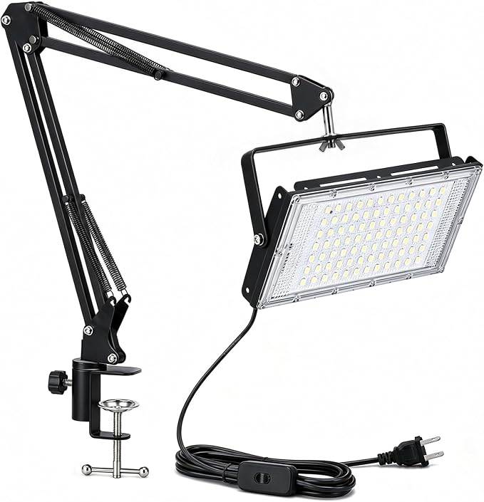 LED Work Bench Light, Adjustable Swing Arm Clamp Flood Light, Plug in Task Lamp for Garage Workshop Craft