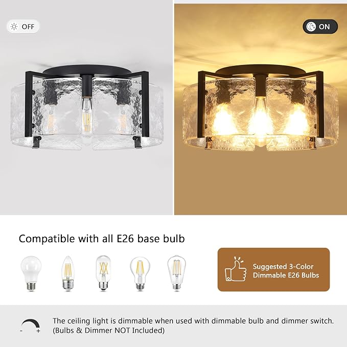 17.7'' Black Semi Flush Mount Ceiling Light, 4-Light Glass Ceiling Lights for Kitchen Island Modern Hallway Light Fixtures, Farmhouse Ceiling Mount Light for Entryway Hallway Bathroom Kitchen Bedroom