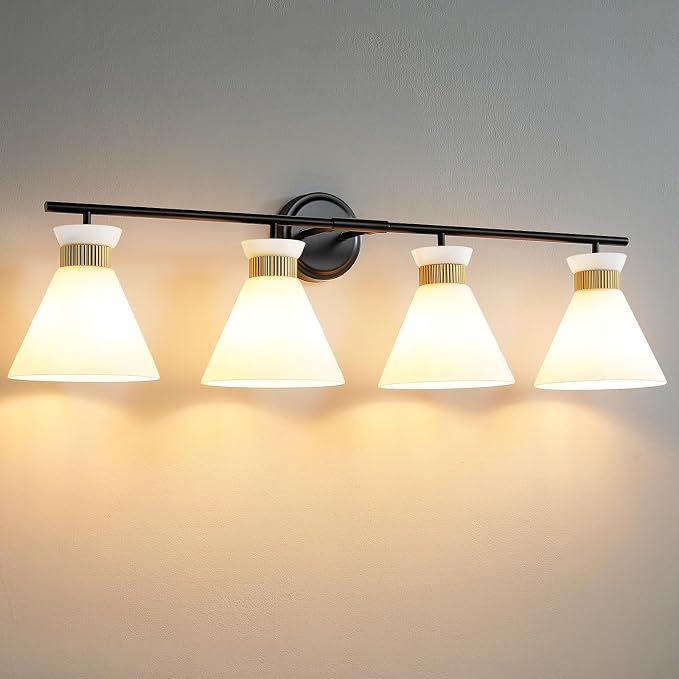 WOSHITU Bathroom Vanity Light Fixtures: 4-Light Mid Century Modern Vanity Lights for Bathroom Over Mirror, Black and Gold Wall Sconce Lighting with Frosted Milky Glass for Bath Bedroom