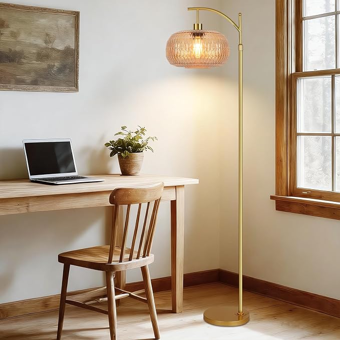 ILLMTW Glass Floor Lamp for Living Room,Bedroom,Gold Mid Century Modern Standing Lamp with Remote,Dimmable Brass Tall Lamp Amber Lamp Vintage Retro Arc Floor Lamps Floor Light Boho Bohemian