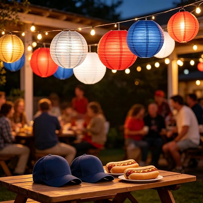 Paper Lanterns Set (10 Pcs)- 8/10 Inch Royal Blue, Red, White, Gold & Silver Round Hanging Paper Lanterns for Wedding, Birthday, Patriotic Holiday, Party Decor, Baby Showers & Home Accents
