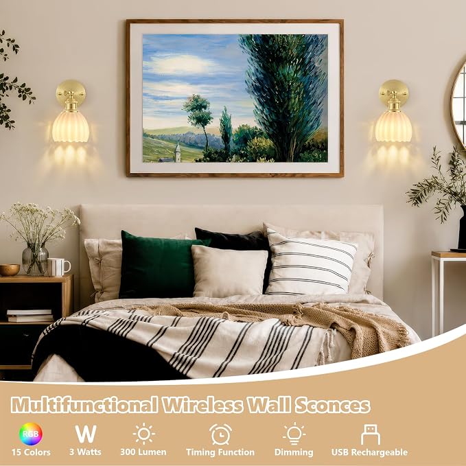Vintage Battery Operated Wall Sconce, White Tulip Glass Lampshade Wireless Rechargeable Battery Powered LED Wall Light with Remote Dimmable for Bedside Bedroom Doorway Living Room, Set of 2