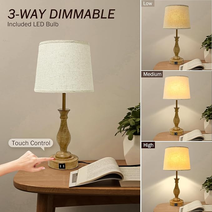 LALISU Farmhouse Table Lamp Touch Control 3-Way Dimmable Table Lamp, Modern Nightstand Lamp with 2 USB Port Bedside Desk Lamp with Fabric Shade for Living Room (Pack 1-Beige Shade & Touch)