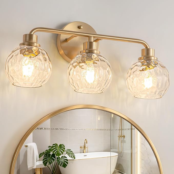 Bathroom Light Fixtures Gold Vanity Light 3 Light Brushed Brass | Wall Sconces Lighting with Hammered Globe Glass Shades Bath Wall Lamp for Mirror Living Room Bedroom Hallway