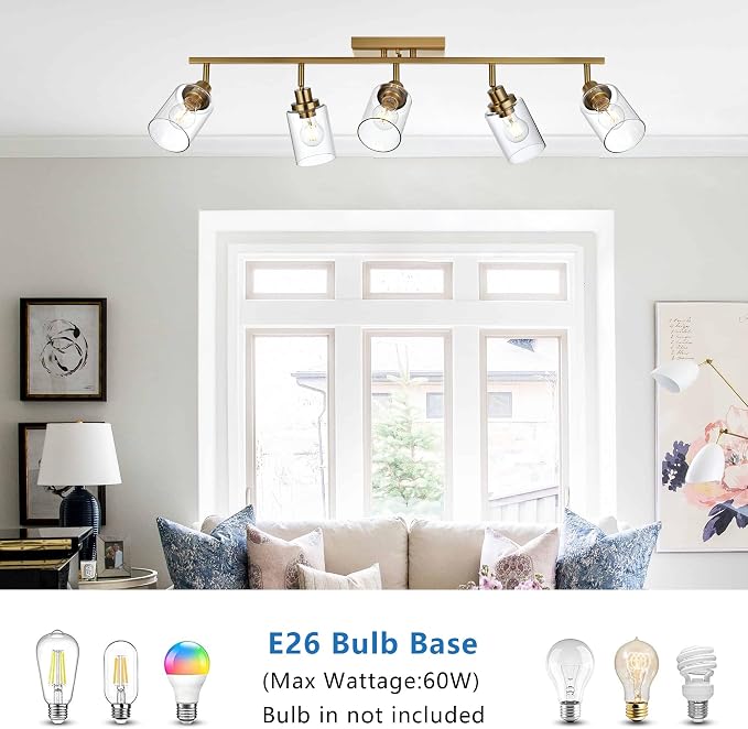MELUCEE 5-Light Track Lighting Kit Brass with 5 Rotatable Light Heads | Semi Flush Mount Ceiling Light Fixture 37 Inch Modern Accent Lighting for Foyer Art Wall Kitchen, Clear Glass Shade