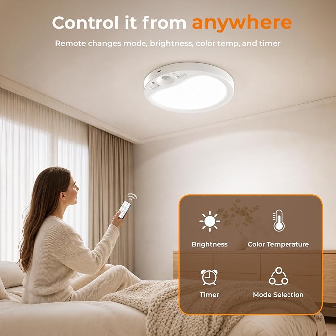 TANBABY Rechargeable Motion Sensor Ceiling Light Indoor with Remote, 4 Pack | Wireless LED Shower Light, 8000mAh Battery Long Lasting Closet Light, 3 Color Dimmable, Timer, No Wiring for Hallway Pantry