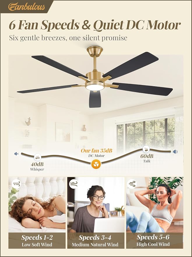 Fanbulous 60 Inch Black and Gold Ceiling Fan with Light Remote & APP | Stepless CCT & Dimmable Light, 20W LED Ceiling Fans, 6 Speeds, Reversible Quiet DC Motor, for Bedroom Living Room Apartment