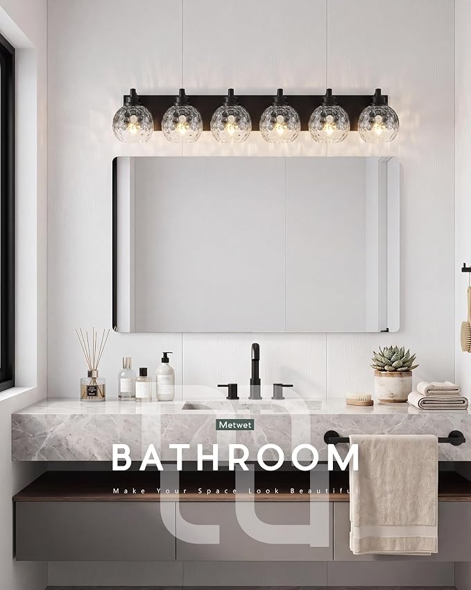 6-Light Black Bathroom Vanity Light, Hammered Glass Globe Shade | 38 Inch matte black modern bathroom light fixture over mirror, UL listed, E26 bulbs, hardwired, upward only, VL200-MB-CL-6