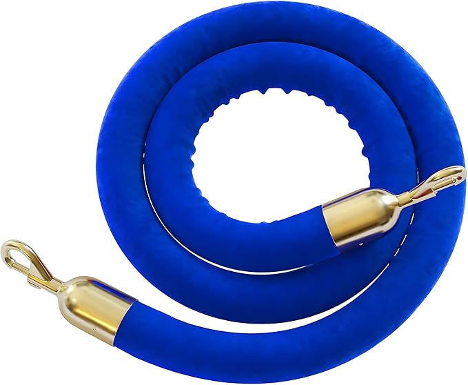 Montour Line Velvet Hanging Stanchion Rope Foam Core, 8 Foot Blue Rope with Polished Brass Snap Ends