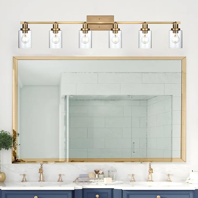 MELUCEE 6 Light Multi-Directional Rotating Track Lighting Kit Brass | Bathroom Vanity Light Fixtures 45.3 Inch Ceiling Spotlight Fixture for Kitchen Foyer Bath, Clear Glass Shade