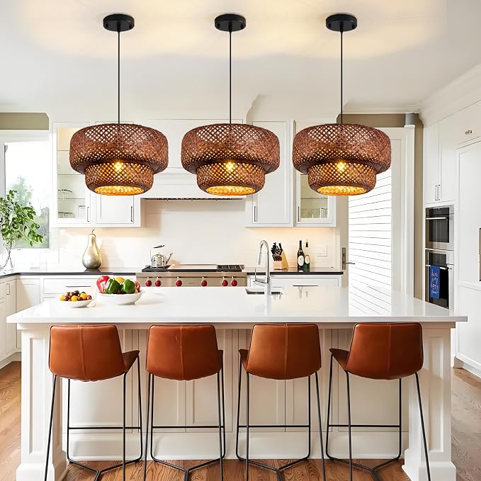 TeruTeru Ji Kaikang Bamboo Pendant Light,13.8" Brown Rattan Hanging Light | Boho Curry Bamboo Rattan Pendant Lights,Hand Woven Rattan Chandelier for Kitchen Island Dining Bedroom Living Room